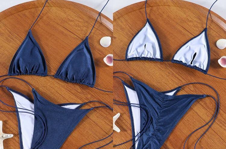 Sexy Bikini - Triangle Micro Swimwear - Pleated Blue Thong 2 Piece